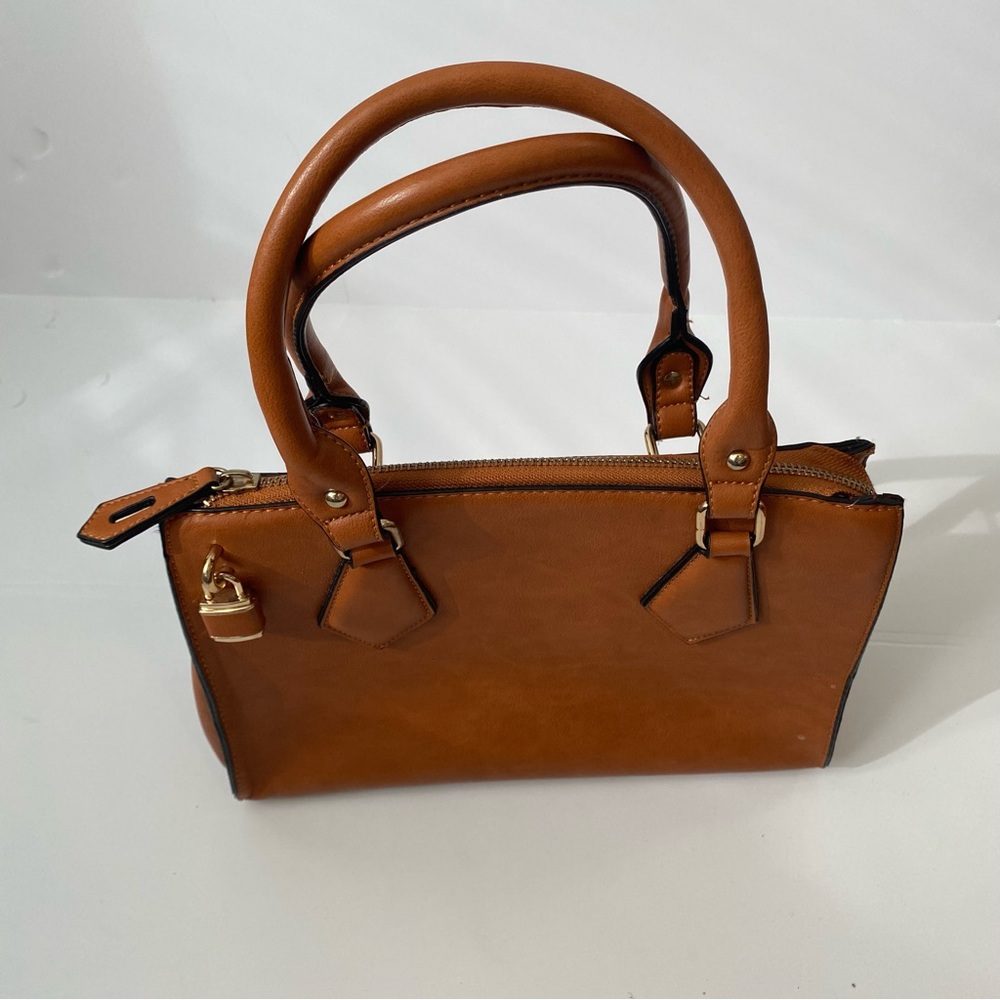 Caramel brown vegan leather zipper closure top handle purse